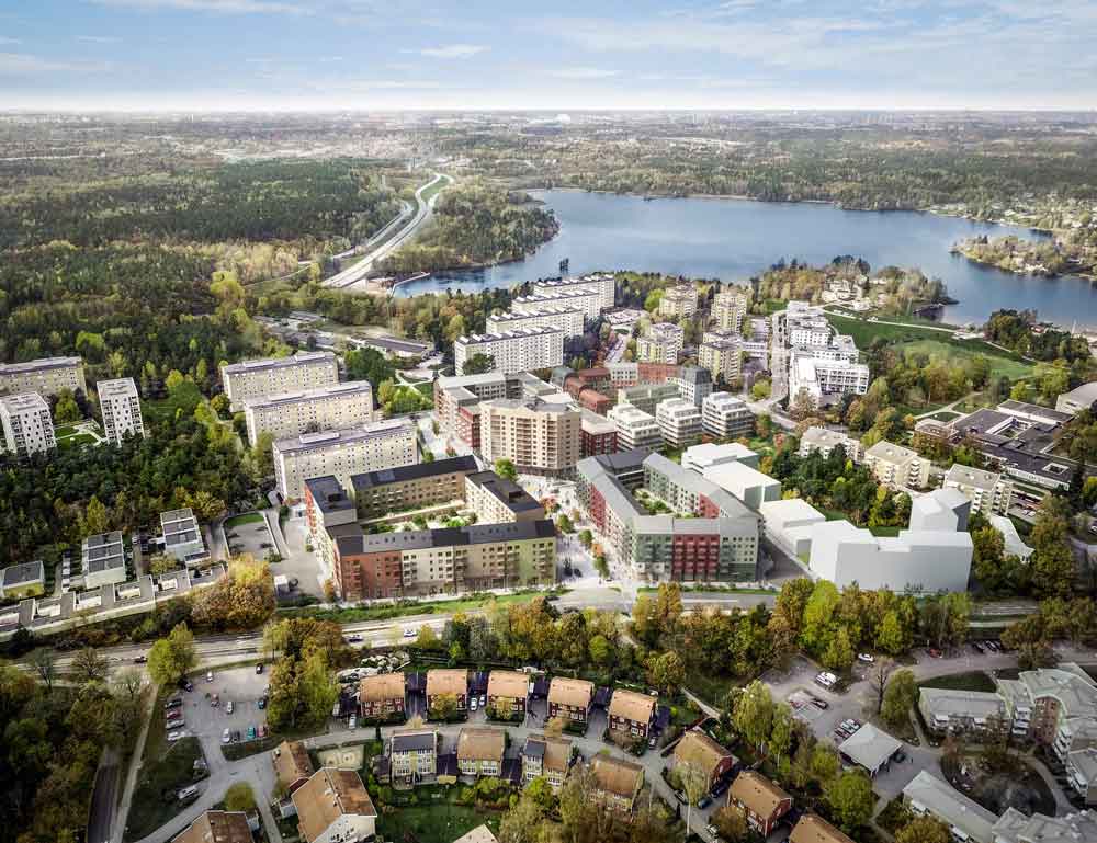 Utsikt över Älta med flertalet byggnader, hus och vägar.